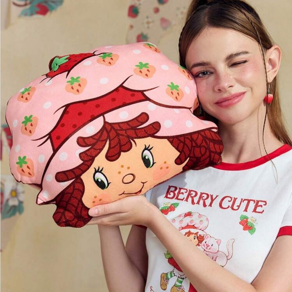 Strawberry Shortcake Cartoon Character And Strawberry Print Plush Throw Pillow